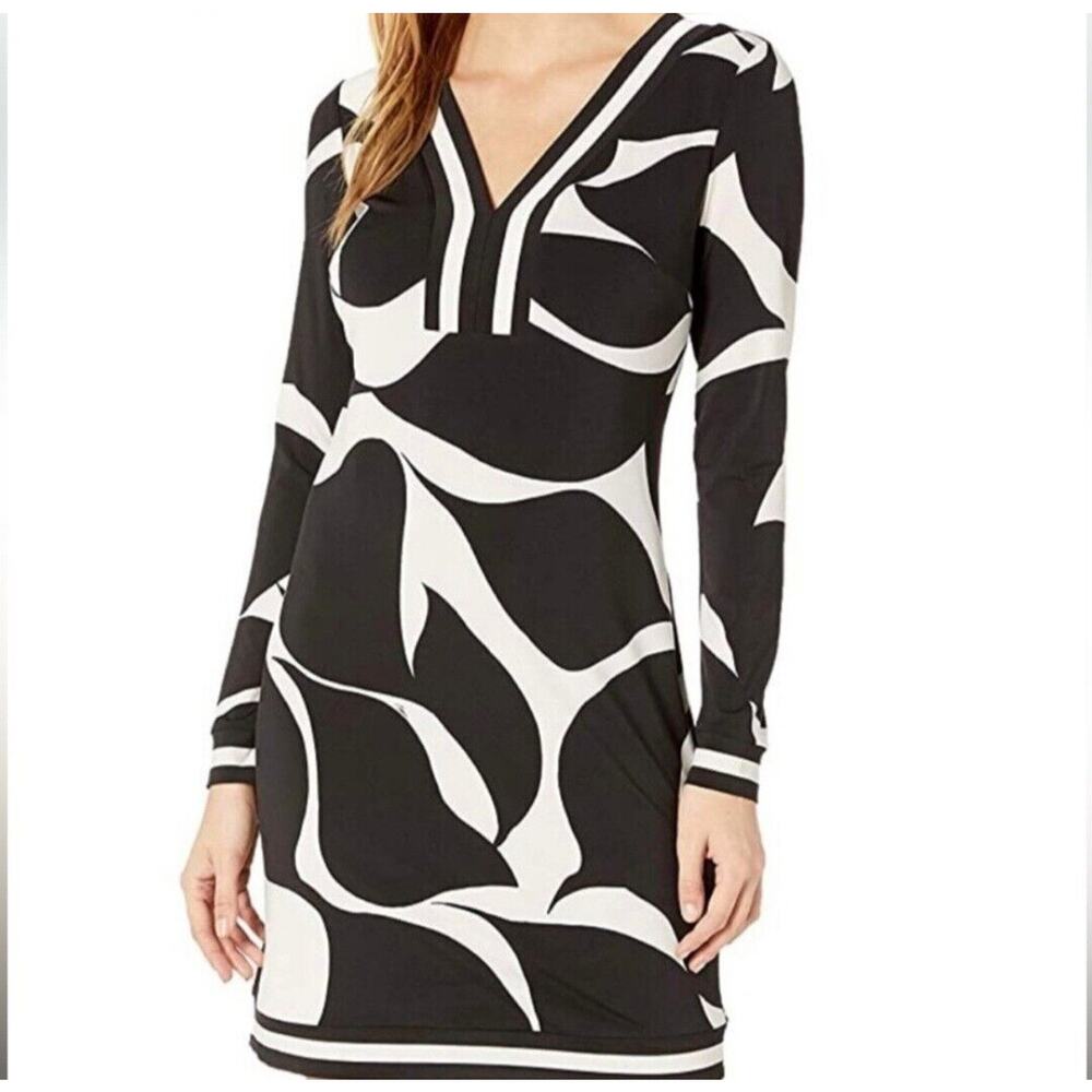 Trina Turk Midi Dress‎ Womens 4 Finn Black White Geometric Long Sleeves Groovy